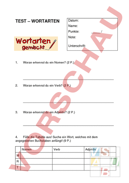 Arbeitsblatt: Wortarten - Test - Deutsch - Grammatik