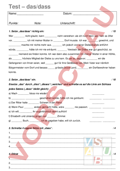 Arbeitsblatt: Test das - dass - Deutsch - Rechtschreibung