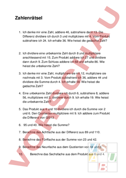 Zahlenrätsel Klasse 3 Ich Denke Mir Eine Zahl Arbeitsblatt: Zahlenrätsel - Mathematik - Gleichungen / Ungleichungen