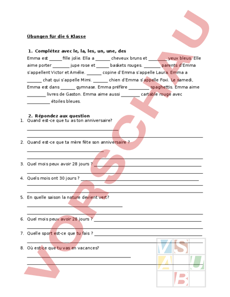 Arbeitsblatt: Französisch Übungen 6 Klasse - Französisch - Grammatik