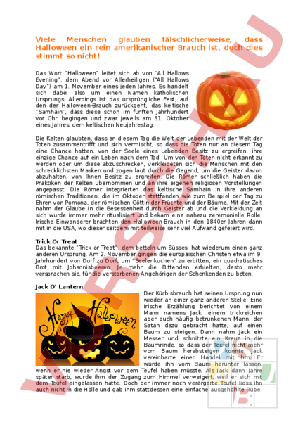Halloween Geschichte Für Kinder Pdf Arbeitsblatt: Geschichte des Halloween - Deutsch - Leseförderung