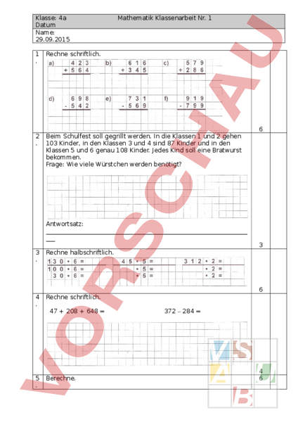 Arbeitsblatt: Klassenarbeit KLasse 4 Wiederholung - Mathematik - Addition