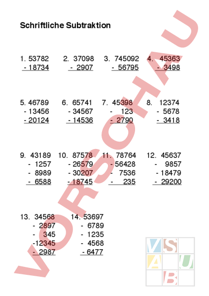 Arbeitsblatt: Schriftliche Subtraktion - Mathematik - Subtraktion