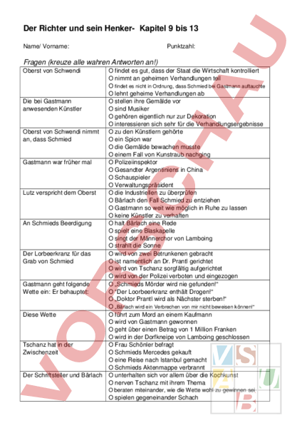 Der Richter Und Sein Henker Kapitel Zusammenfassung Arbeitsblatt: Lesekontrolle Der Richter und sein Henker K 9 bis 13