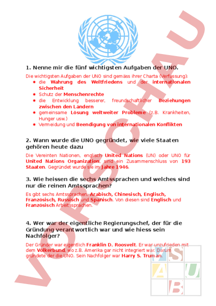 Arbeitsblatt Uno Prufungsfragen Und Antworten Geschichte