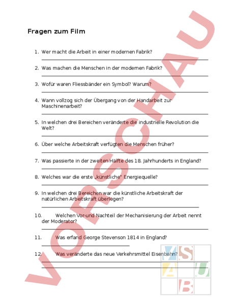 Arbeitsblatt: Fragen zum Film - Geschichte - Neuzeit