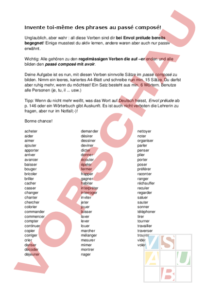 Arbeitsblatt: Envol 7, Unité 2, passé composé mit avoir - Französisch ...