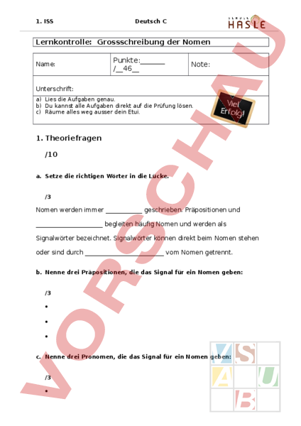 Arbeitsblatt Lernkontrolle Grossschreibung Nomen Deutsch Grammatik
