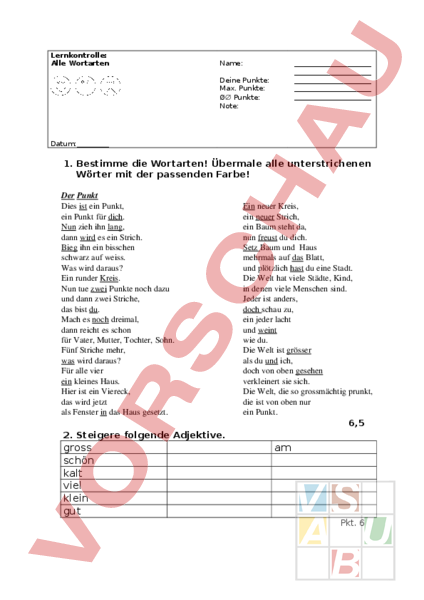 Arbeitsblatt: Wortarten Test - Deutsch - Grammatik