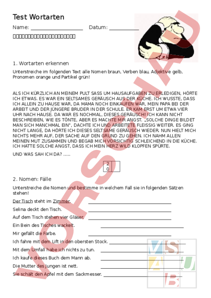 Arbeitsblatt: Test Wortarten - Deutsch - Grammatik