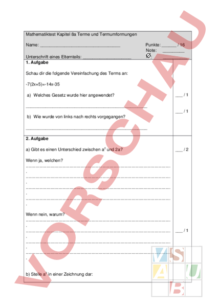 Arbeitsblatt: Test Termumformungen - Mathematik - Anderes Thema