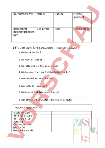 Klassenarbeit Emil Und Die Detektive Charakterisierung Arbeitsblatt: Lesetest Buch über Emil und die detektive - Deutsch