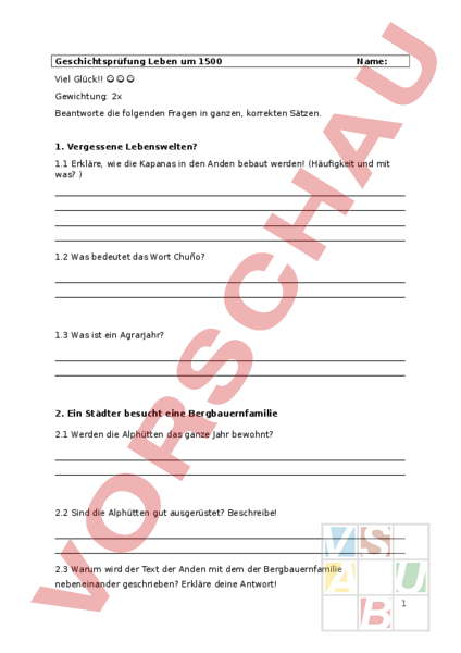 Arbeitsblatt: Leben um 1500 - Geschichte - Mittelalter