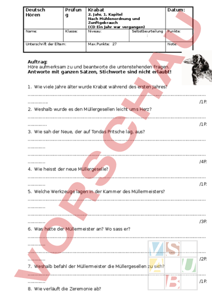 Krabat Klassenarbeit Mit Lösung Kostenlos Arbeitsblatt: Krabat - Deutsch - Hörverstehen