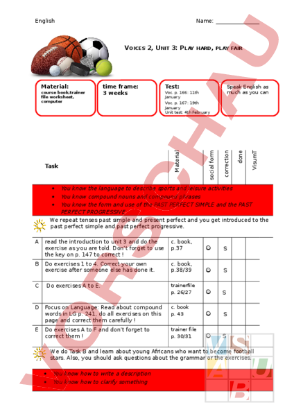 Arbeitsblatt: Arbeitsplan Voices 2 Unit 3 - Englisch - Lehrmittel