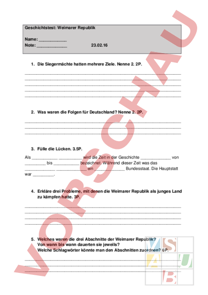 Die Weimarer Republik Arbeitsblatt Lösungen Arbeitsblatt: Geschichtstest Weimarer Republik - Geschichte - Neuzeit
