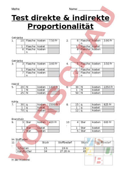 Mathe 6 Klasse Direkte Und Indirekte Proportionalität Arbeitsblatt: Test direkte und indirekte Proportionalität - Mathematik
