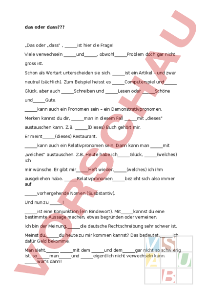 Wann Schreibe Ich Das Oder Dass Arbeitsblatt: das oder dass - Deutsch - Grammatik