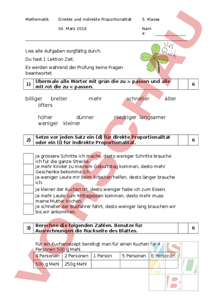 Mathe 6 Klasse Direkte Und Indirekte Proportionalität Arbeitsblatt: direkte und indirekte Proportionalität Prüfung