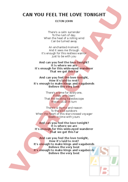 Can You Feel The Love Tonight übersetzung Deutsch Arbeitsblatt: Can you feel the love tonight - Musik - Singen / Lieder