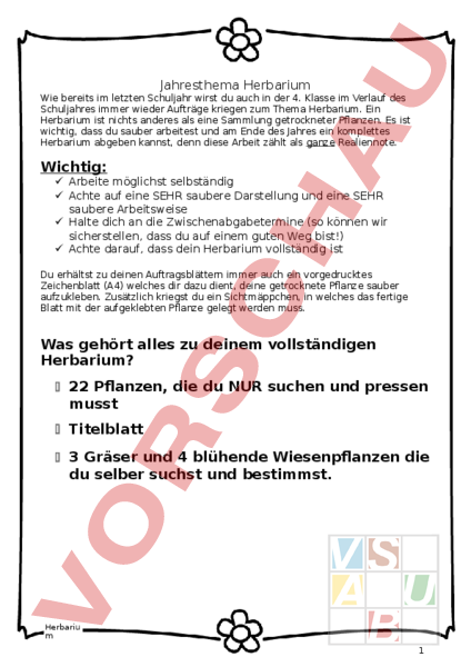 Arbeitsblatt Herbarium 4 Klasse Biologie Pflanzen Botanik