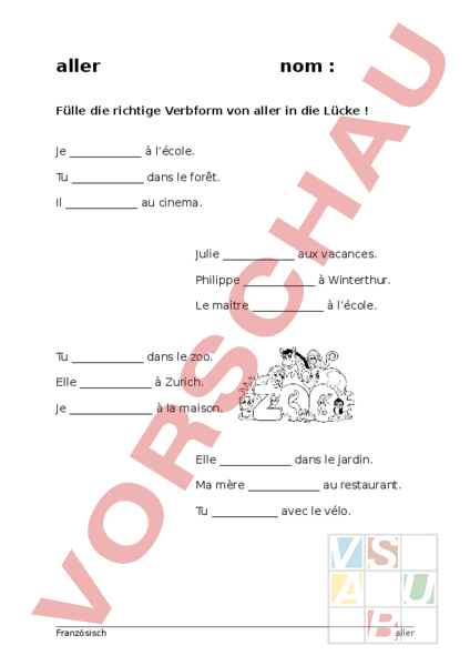 Arbeitsblatt Verb aller Übungsblatt Französisch Grammatik