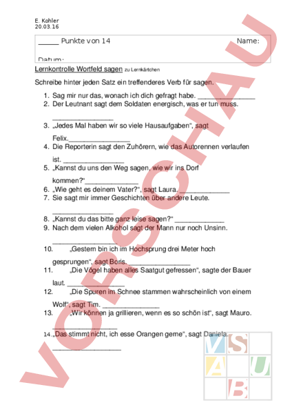 Arbeitsblatt: Lernkontrolle zu Wortfeld sagen - Deutsch - Wortschatz