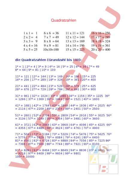 Arbeitsblatt: quadratzahlen - Mathematik - Multiplikation