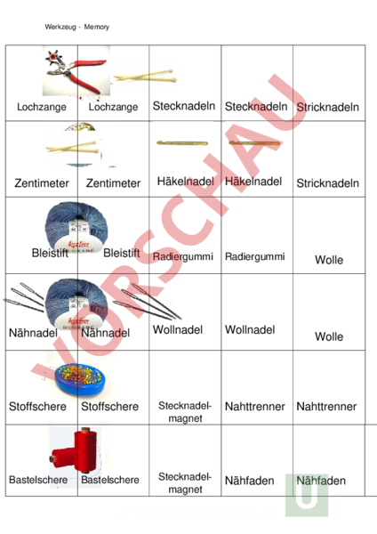 Arbeitsblatt: Werkzeugmemory - Werken / Handarbeit - Textil