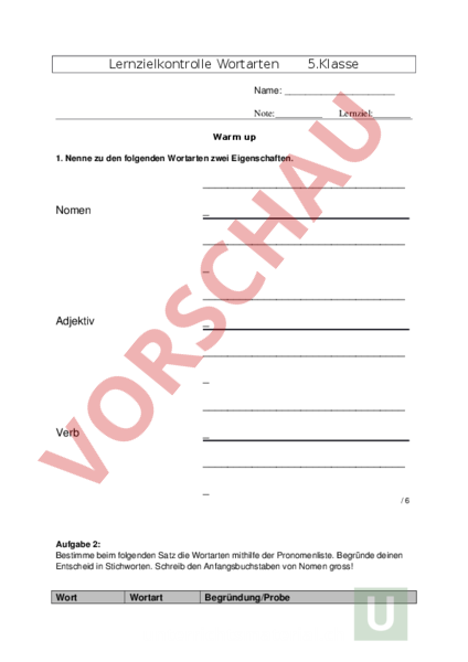 Arbeitsblatt: Test Wortarten - Deutsch - Grammatik