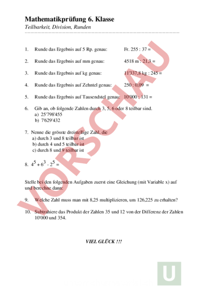 Arbeitsblatt Prufung Teilbarkeit Runden Mathematik Gemischte