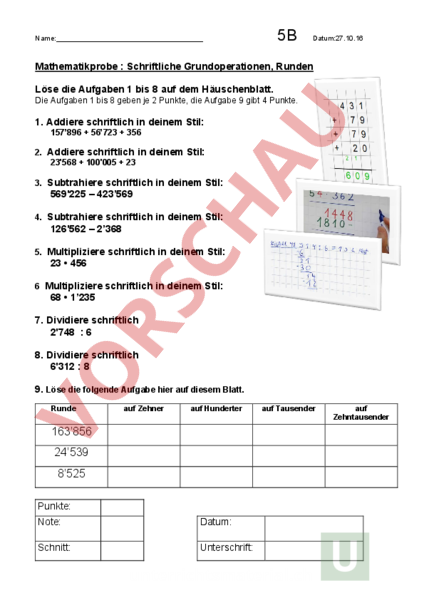 Arbeitsblatt: Mathe Test - Mathematik - Schriftliches Rechnen