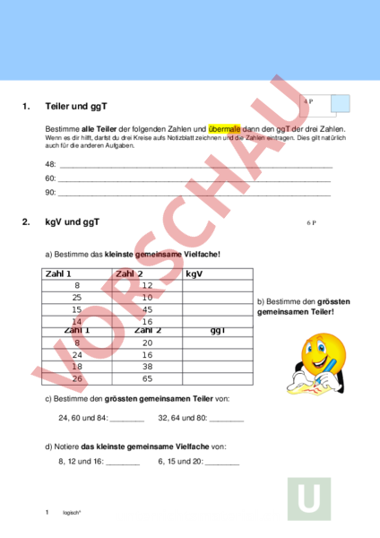 Arbeitsblatt: Prüfung Teilbarkeit, kgV und ggT - Mathematik - Anderes Thema
