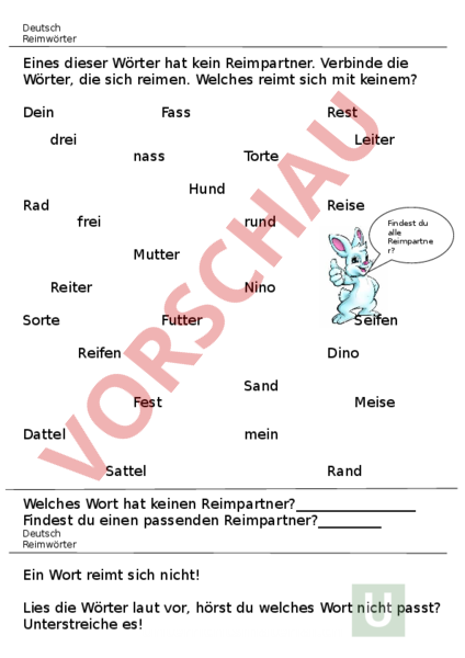 Arbeitsblatt reimpartner finden Deutsch Wortschatz