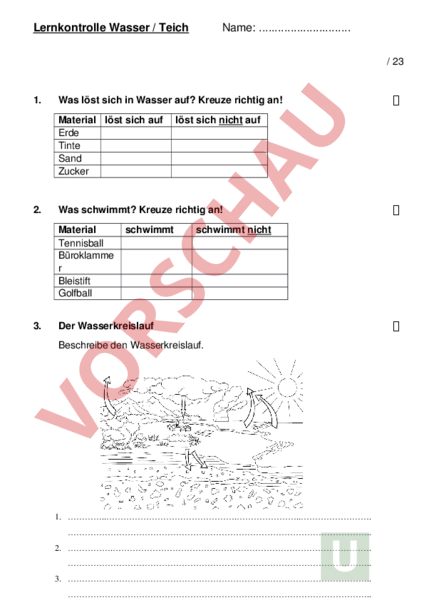 Arbeitsblatt Lernkontrolle Wasser, Teich Biologie Gemischte Themen