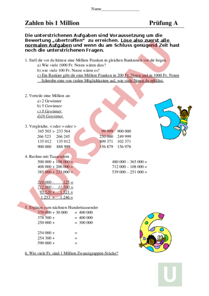 Arbeitsblatt: Prüfung Millionenraum 4. Klasse - Mathematik - Algebra