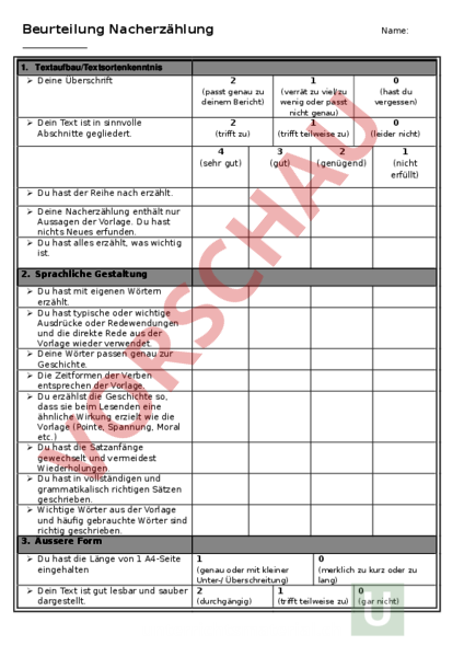 Arbeitsblatt: Beurteilungskriterien Erzählung - Deutsch - Texte schreiben