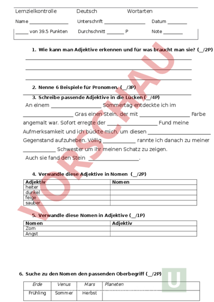 Arbeitsblatt: Test Wortarten - Deutsch - Grammatik