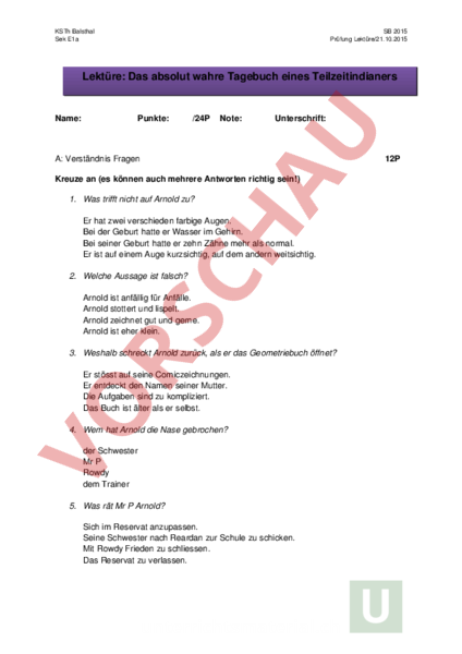 Das Absolut Wahre Tagebuch Eines Teilzeit Indianers Zusammenfassung Arbeitsblatt: Das absolut wahre Tagebuch eines Teilzeitindianers