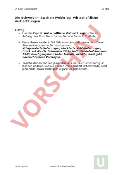 Arbeitsblatt Die Schweiz Im 2 Wk Wirtschaft Geschichte - 