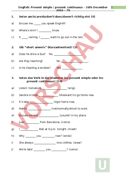 Arbeitsblatt Present Simple Present Continuous Englisch Grammatik Arbeitsblatt Present Simple Present Continuous Englisch Grammatik