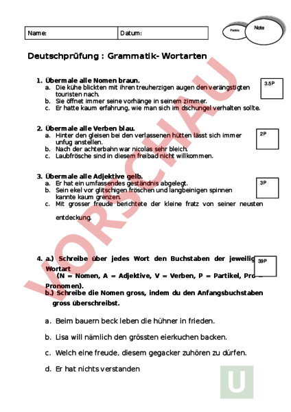 Arbeitsblatt: Test Wortarten - Deutsch - Grammatik