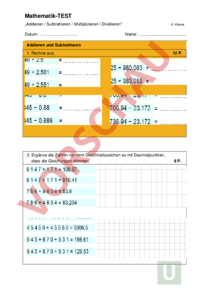 Brüche Addieren Subtrahieren Multiplizieren Dividieren Arbeitsblatt: Test Addieren Subtrahieren Multiplizieren Dividieren