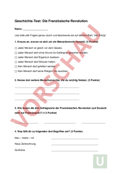Arbeitsblatt: Test Französische Revolution - Geschichte - Neuzeit