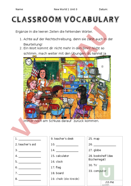 Arbeitsblatt: Classroom Vocabulary - Englisch - Wortschatz