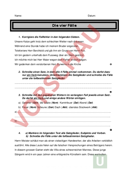 Arbeitsblatt: Test 4 Fälle - Deutsch - Grammatik