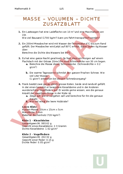 Masse Aus Volumen Und Dichte Arbeitsblatt: Masse - Volumen - Dichte - Mathematik - Anderes Thema