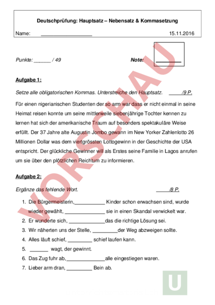 übungen Zu Hauptsatz Und Nebensatz Arbeitsblatt: Prüfung Haupt- und Nebensatz - Deutsch - Grammatik