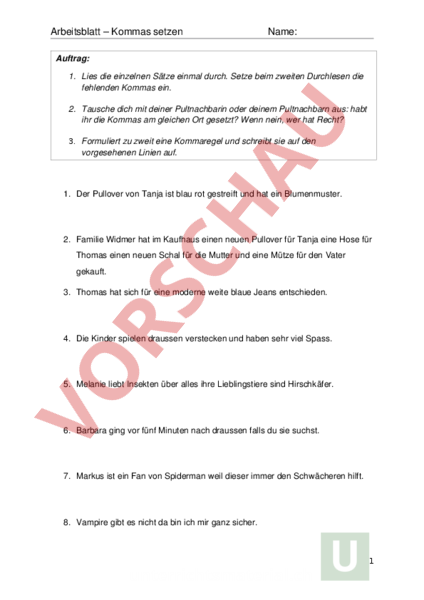 übungen Zur Kommasetzung Mit Lösungen Arbeitsblatt: Kommasetzung - Deutsch - Grammatik