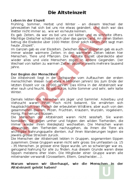 Arbeitsblatt Luckentext Altsteinzeit Geschichte Urzeit